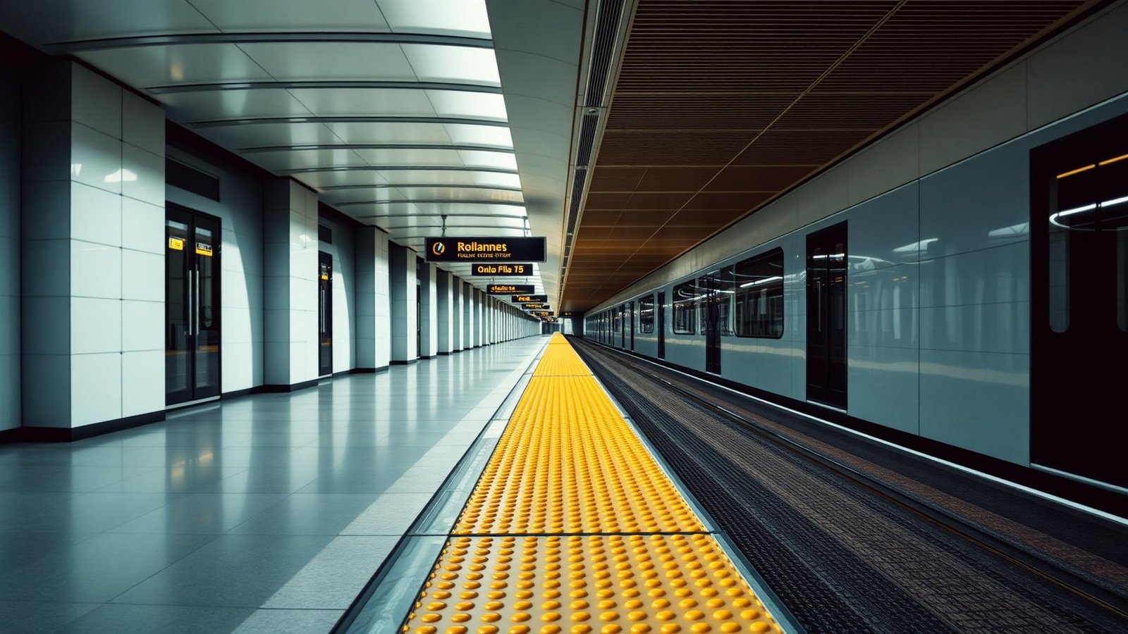 Metro station platform with tactile warning tiles installed along edge