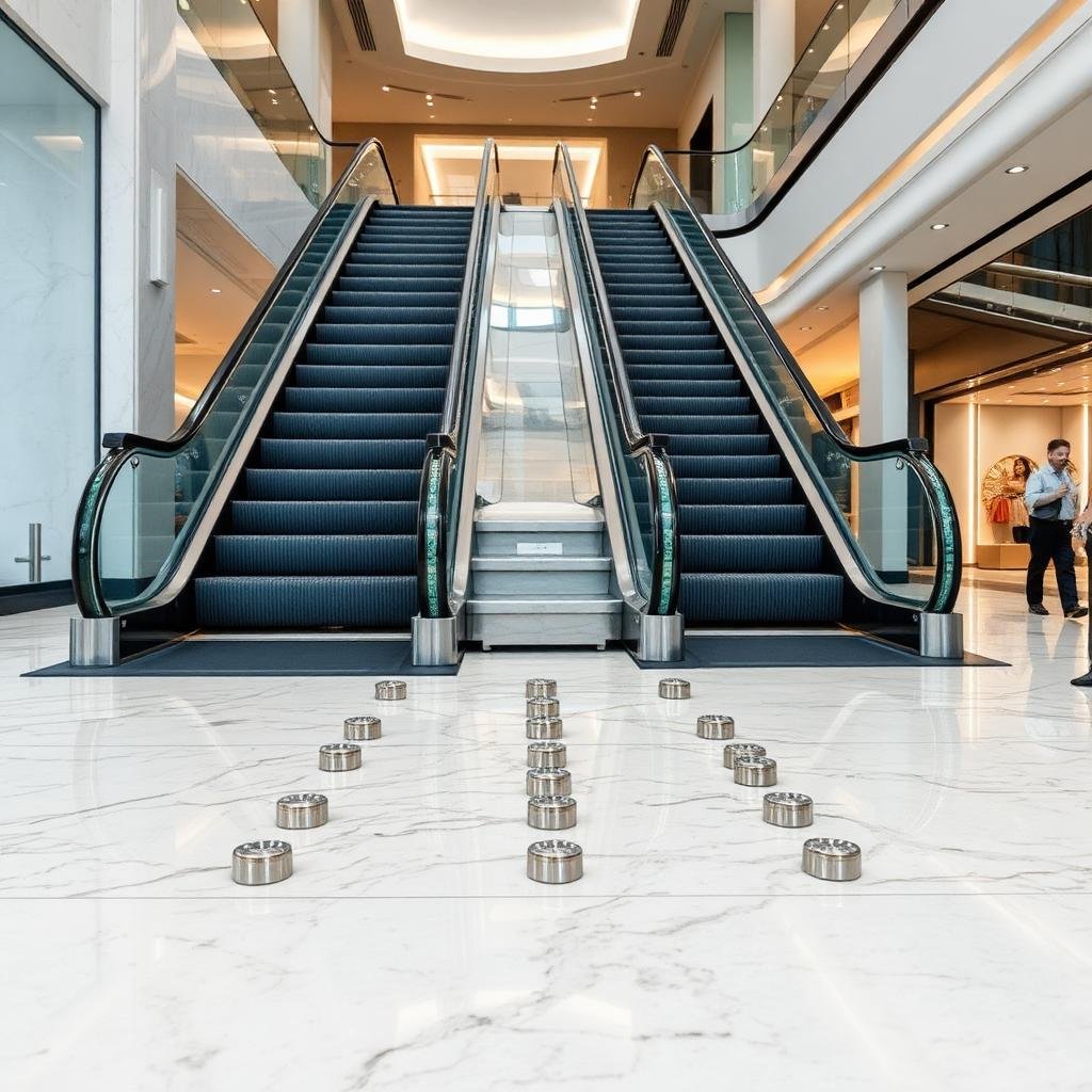 Stainless steel tactile studs on mall floor